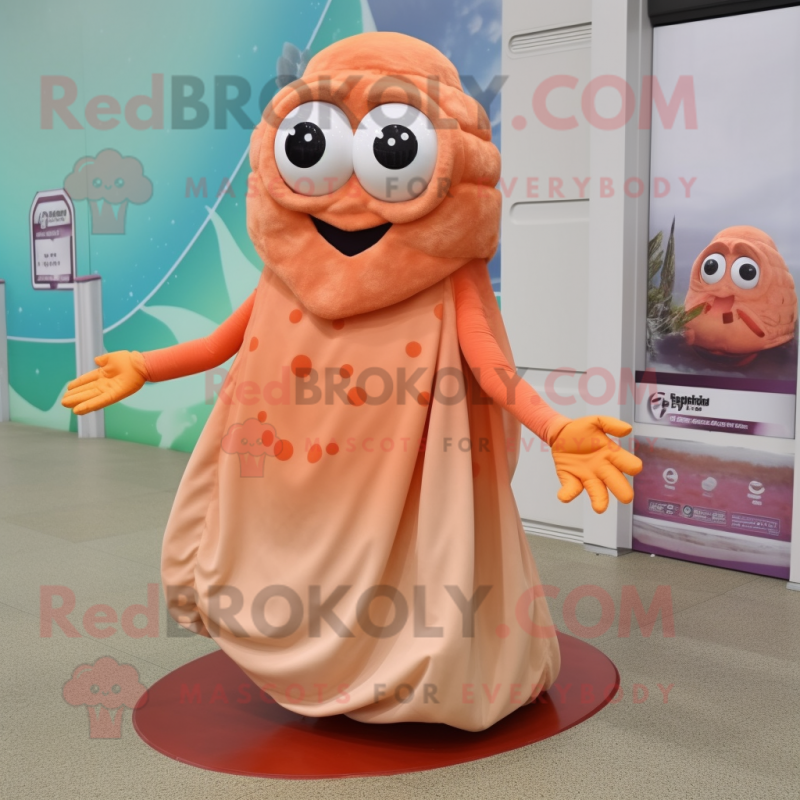 Peach Fried Calamari mascot costume character dressed with a A-Line Dress and Foot pads