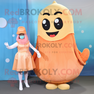 Peach Fried Calamari mascot costume character dressed with a A-Line Dress and Foot pads