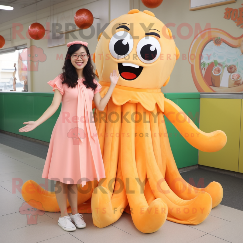 Peach Fried Calamari mascot costume character dressed with a A-Line Dress and Foot pads