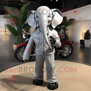 Silver Elephant mascot costume character dressed with a Moto Jacket and Pocket squares