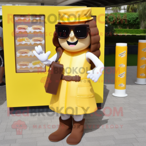 Yellow Chocolate Bars mascot costume character dressed with a A-Line Skirt and Sunglasses