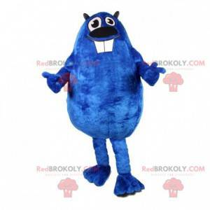 Mascotte di castoro blu grassoccia e divertente. Costume da