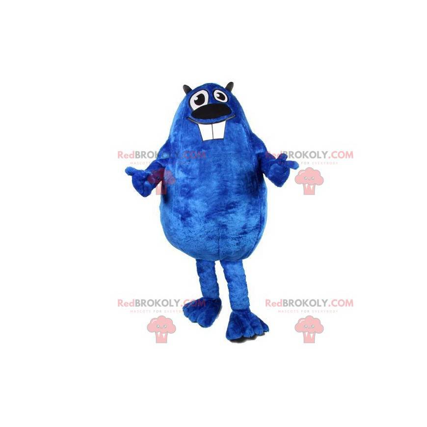 Mascotte di castoro blu grassoccia e divertente. Costume da