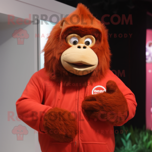 Red Orangutan mascot costume character dressed with a Sweatshirt and Lapel pins