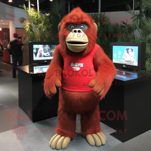 Red Orangutan mascot costume character dressed with a Sweatshirt and Lapel pins