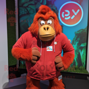 Red Orangutan mascot costume character dressed with a Sweatshirt and Lapel pins