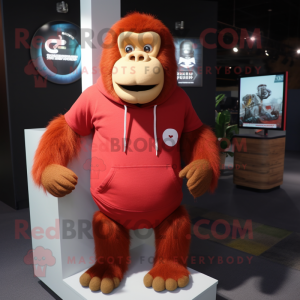 Red Orangutan mascot costume character dressed with a Sweatshirt and Lapel pins