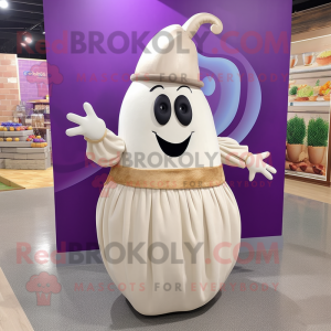 Cream Eggplant mascot costume character dressed with a Maxi Skirt and Earrings