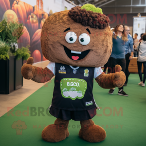 Brown Broccoli mascot costume character dressed with a Rugby Shirt and Lapel pins