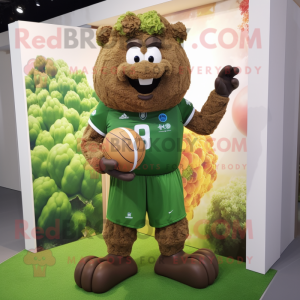 Brown Broccoli mascot costume character dressed with a Rugby Shirt and Lapel pins