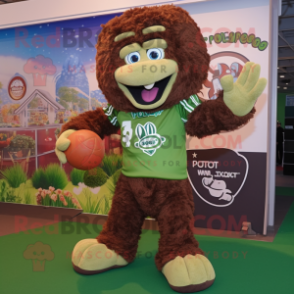 Brown Broccoli mascot costume character dressed with a Rugby Shirt and Lapel pins
