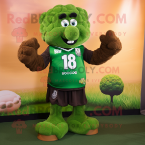 Brown Broccoli mascot costume character dressed with a Rugby Shirt and Lapel pins