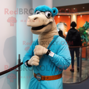 Cyan Camel mascot costume character dressed with a Boyfriend Jeans and Bracelet watches