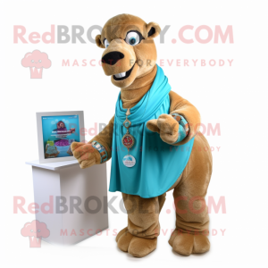 Cyan Camel mascot costume character dressed with a Boyfriend Jeans and Bracelet watches
