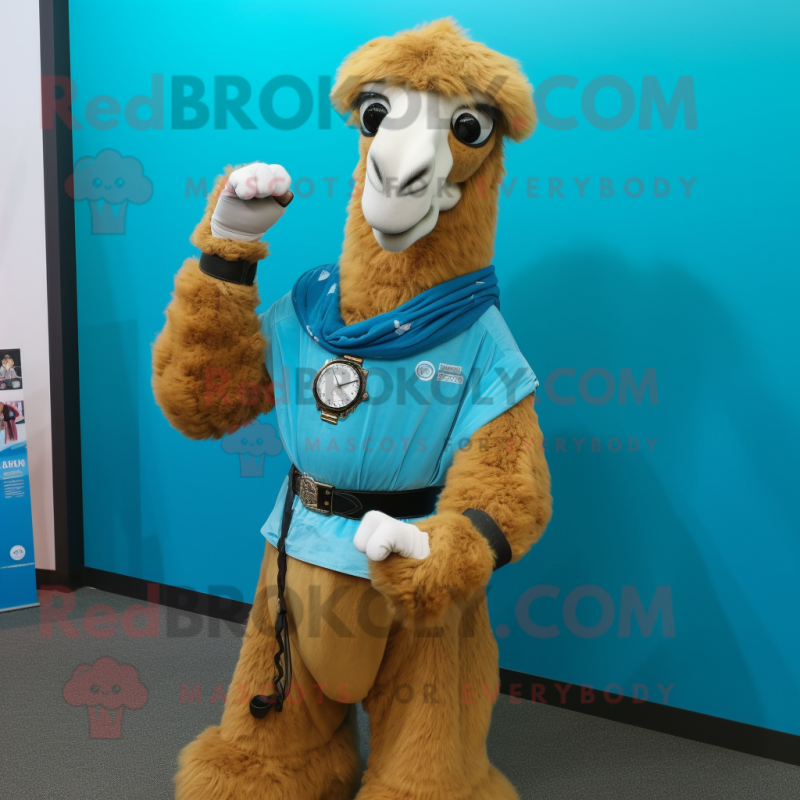 Cyan Camel mascot costume character dressed with a Boyfriend Jeans and Bracelet watches