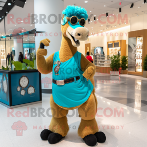 Cyan Camel mascot costume character dressed with a Boyfriend Jeans and Bracelet watches