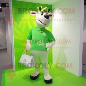 Lime Green Cow mascot costume character dressed with a Polo Shirt and Tote bags