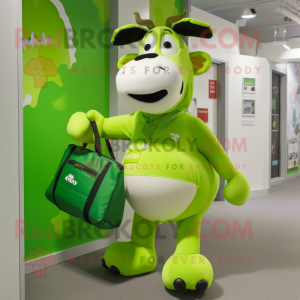 Lime Green Cow mascot costume character dressed with a Polo Shirt and Tote bags