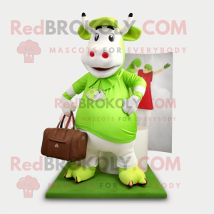 Lime Green Cow mascot costume character dressed with a Polo Shirt and Tote bags