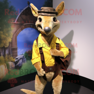 Yellow Kangaroo mascot costume character dressed with a Waistcoat and Wallets