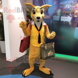 Yellow Kangaroo mascot costume character dressed with a Waistcoat and Wallets