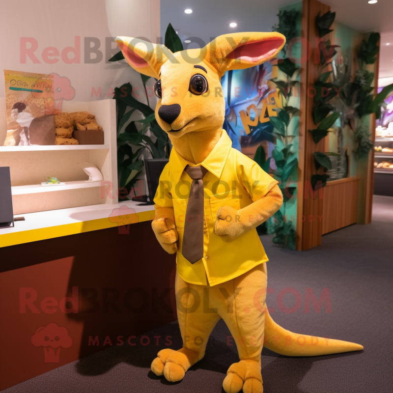 Yellow Kangaroo mascot costume character dressed with a Waistcoat and Wallets