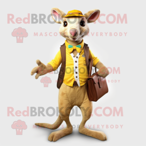Yellow Kangaroo mascot costume character dressed with a Waistcoat and Wallets