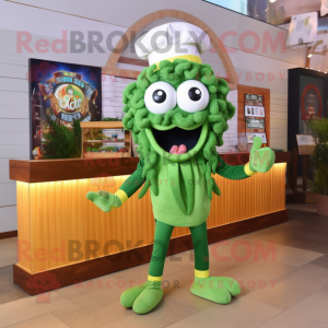 Forest Green Fried Calamari mascot costume character dressed with a Capri Pants and Lapel pins