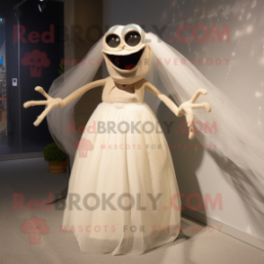 Beige Spider mascot costume character dressed with a Wedding Dress and Eyeglasses