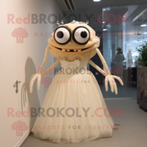 Beige Spider mascot costume character dressed with a Wedding Dress and Eyeglasses