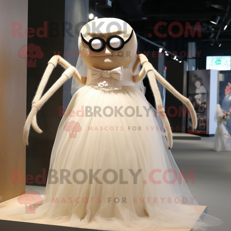 Beige Spider mascot costume character dressed with a Wedding Dress and Eyeglasses