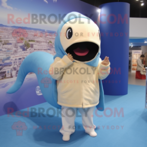 Beige Blue Whale mascot costume character dressed with a Hoodie and Headbands