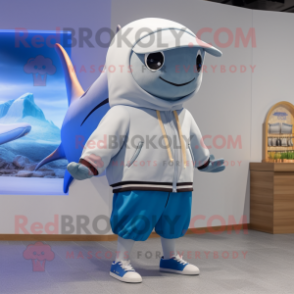 Beige Blue Whale mascot costume character dressed with a Hoodie and Headbands