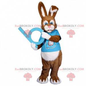 Brown and white rabbit mascot with a blue outfit -