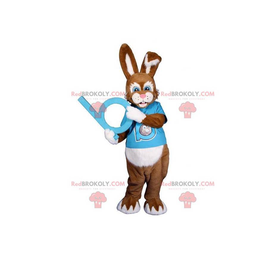 Brown and white rabbit mascot with a blue outfit -
