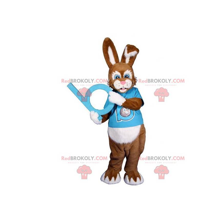 Hnědý a bílý králík maskot s modrým oblečením - Redbrokoly.com Hnědý a bílý králík maskot s modrým oblečením - Redbrokoly.com