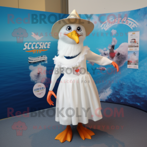 White Seagull mascot costume character dressed with a Skirt and Headbands