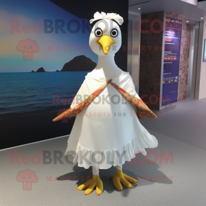 White Seagull mascot costume character dressed with a Skirt and Headbands
