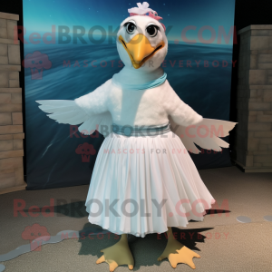 White Seagull mascot costume character dressed with a Skirt and Headbands