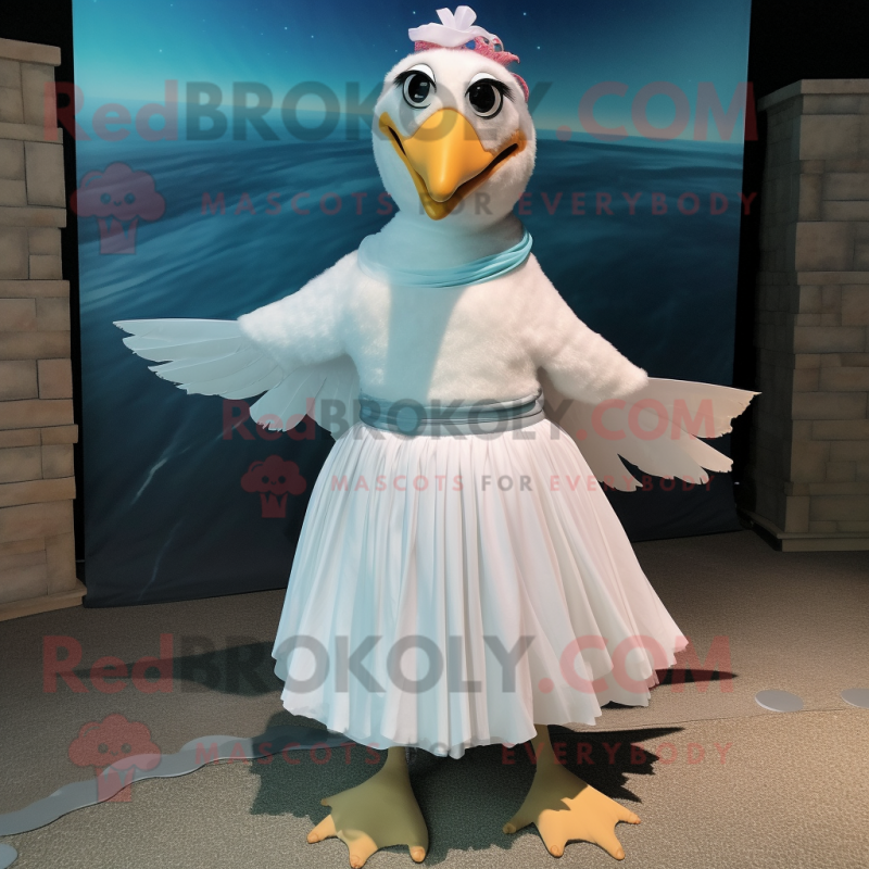White Seagull mascot costume character dressed with a Skirt and Headbands White Seagull mascot costume character dressed with a Skirt and Headbands