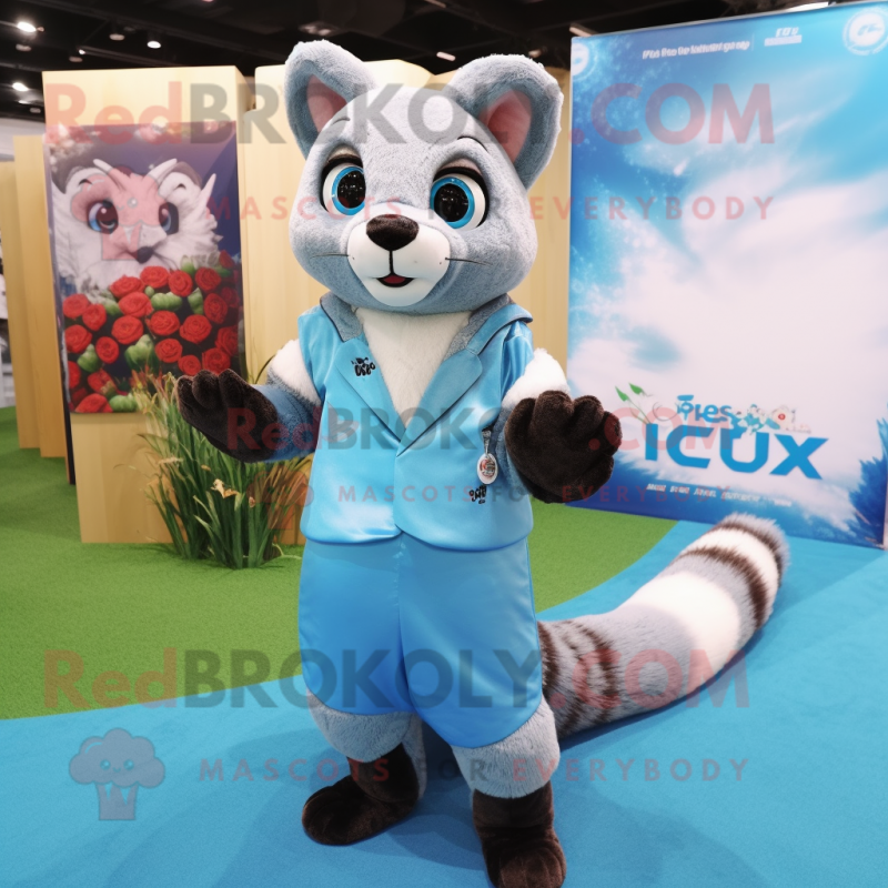 Sky Blue Civet mascot costume character dressed with a Vest and Clutch bags Sky Blue Civet mascot costume character dressed with a Vest and Clutch bags