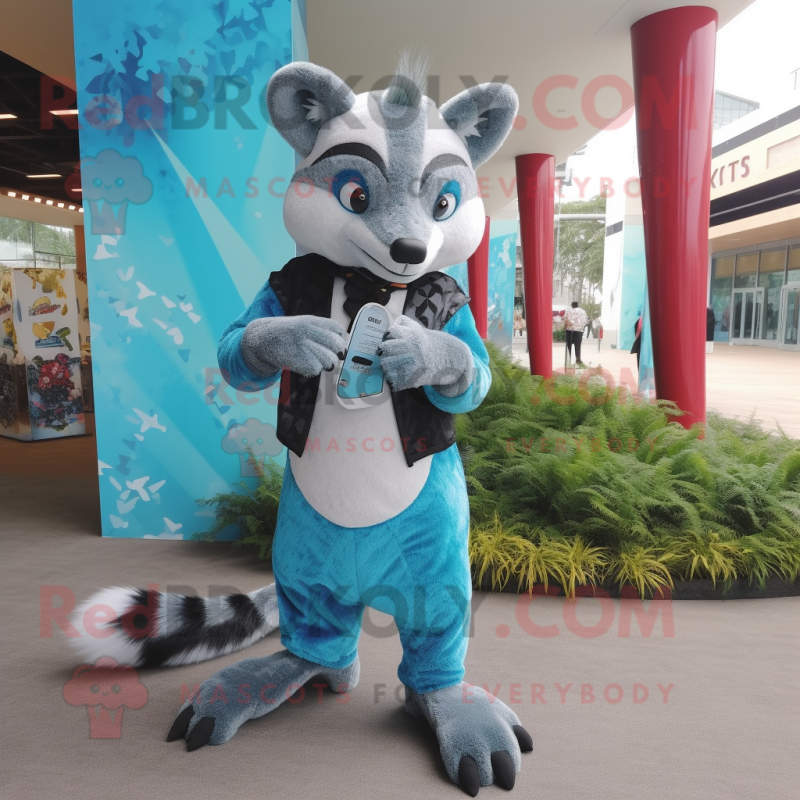 Sky Blue Civet mascot costume character dressed with a Vest and Clutch bags Sky Blue Civet mascot costume character dressed with a Vest and Clutch bags