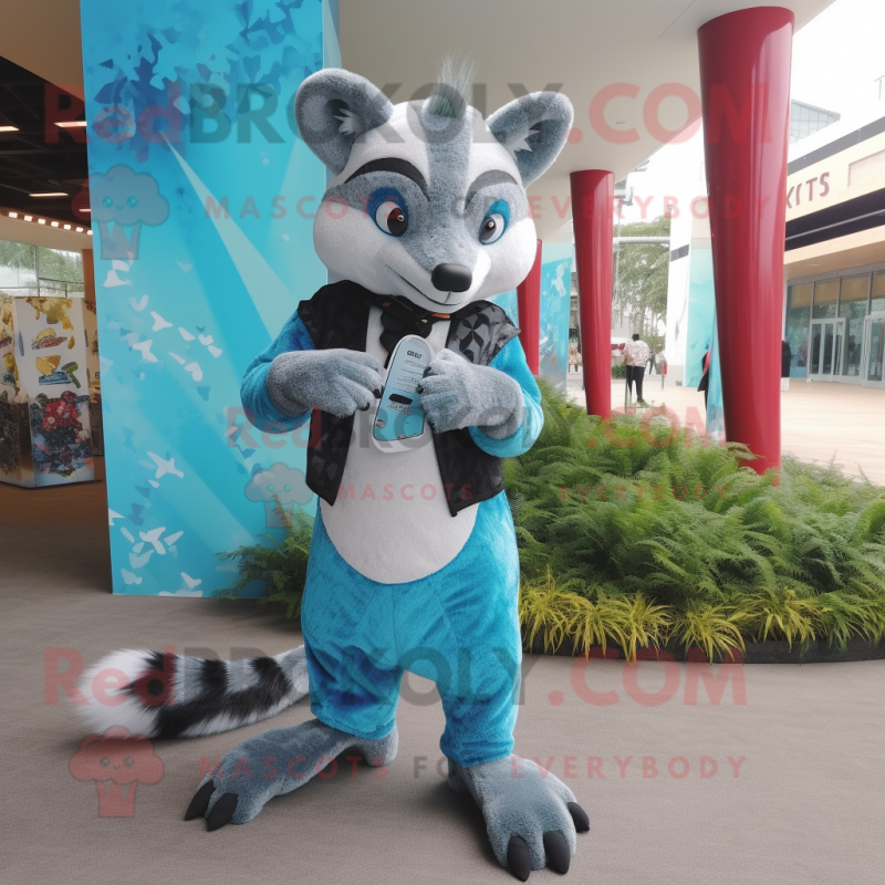 Sky Blue Civet mascot costume character dressed with a Vest and Clutch bags