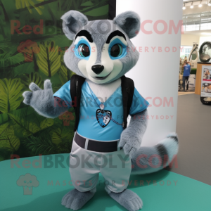 Sky Blue Civet mascot costume character dressed with a Vest and Clutch bags
