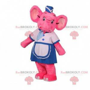 Mascotte d'éléphant rose en tenue d'hôtesse de l'air -