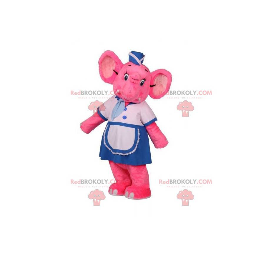 Mascote elefante rosa em traje de comissária de bordo -