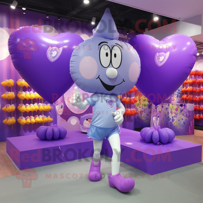 Lavender Heart Shaped Balloons mascot costume character dressed with a Running Shorts and Coin purses Lavender Heart Shaped Balloons mascot costume character dressed with a Running Shorts and Coin purses