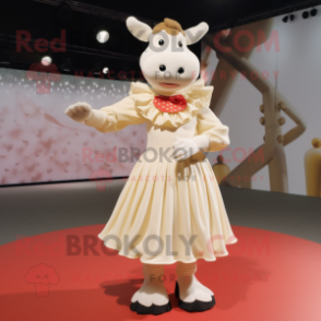 Cream Cow mascot costume character dressed with a Pleated Skirt and Foot pads