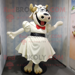 Cream Cow mascot costume character dressed with a Pleated Skirt and Foot pads