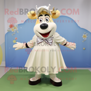 Cream Cow mascot costume character dressed with a Pleated Skirt and Foot pads